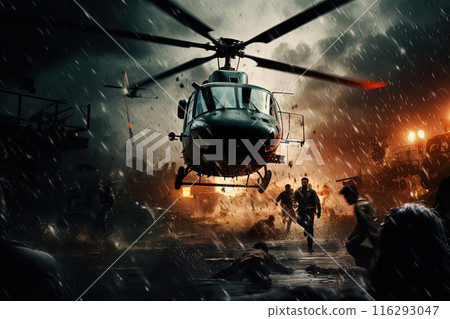 Action shot with helicopter hovering in the air. Dynamic scene in action movie blockbuster style. Generated AI. 116293047