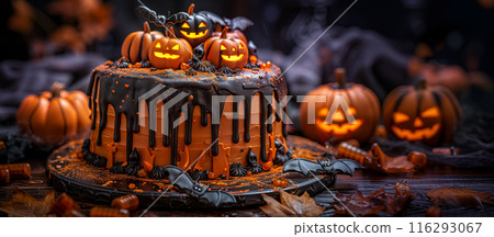 Halloween cake decorated pumpkins, bats, dripping orange icing. The cake sits on dark surface 116293067