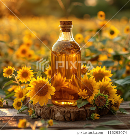 Bottle of sunflower oil standing on table surrounded by sunflowers, field sunflowers in background 116293074