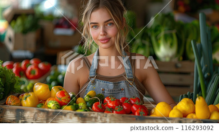 Woman holding wooden box full fresh vegetables. Basket vegetable. Agriculture harvest Woman holding wooden box full fresh vegetables. Basket vegetable. Agriculture harvest 116293092