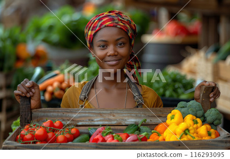 Woman holding wooden box full fresh vegetables. Basket vegetable. Agriculture harvest 116293095