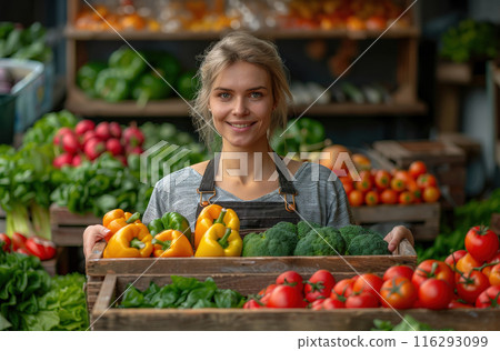 Woman holding wooden box full fresh vegetables. Basket vegetable. Agriculture harvest 116293099