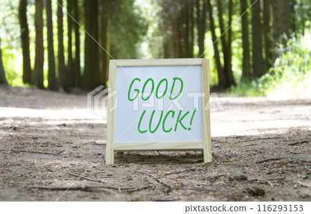 Good luck symbol. Good luck white chalk blackboard. Beautiful forest background. Business and Good luck concept. Copy space. 116293153
