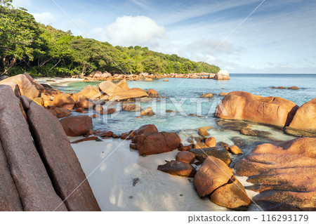 Landscape of Praslin, Seychelles. Coastal stones of Anse Lazio beach 116293179