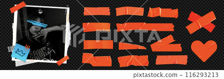 Red duct tape for photo collage. Bright scotch tape for the frame. Collage frame with girl's photo and paper clip and stickers and torn paper. Vector elements 116293213