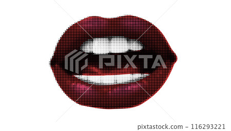 Female mouth in halftone treatment for collage on white isolated background.Sexy lips, vector trendy illustration in dot like pop art. Female mouth in halftone treatment for collage on white isolated background.Sexy lips, vector trendy illustration in dot like pop art. 116293221