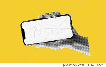 Yellow bg with halftone collage elements. Hand hold phone with empty screen. App cover mockup. Bold and bright popart png. Vector illustration in trendy popart style. 116293224