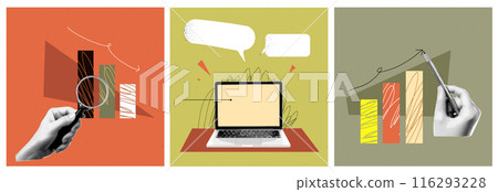 Set of three square illustration of the theme of finance. Down and up chart with collage halftone hand with pencil and magnifying glass. Laptop workspace. Vector trendy abstract popart banner 116293228