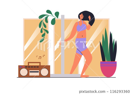 Strip dance web concept with people scene in flat design. Woman doing sensual pole dance training and learning new moving in ballroom studio. Vector illustration with character situation for web 116293360