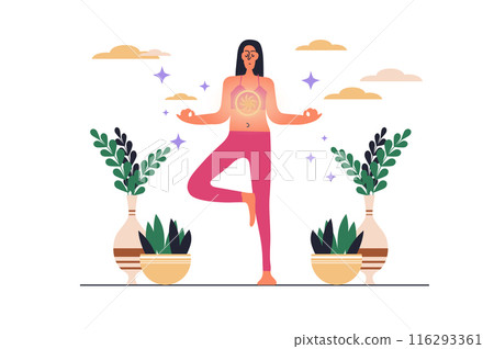 Spiritual development web concept with people scene in flat design. Woman standing in yoga position making meditation and breathing for awareness. Vector illustration with character situation for web Spiritual development web concept with people scene in flat design. Woman standing in yoga position making meditation and breathing for awareness. Vector illustration with character situation for web 116293361