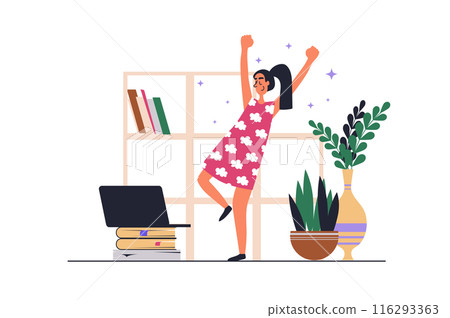 Self-development web concept with people scene in flat design. Young woman gaining her education at home, develops skills and starts business. Vector illustration with character situation for web 116293363