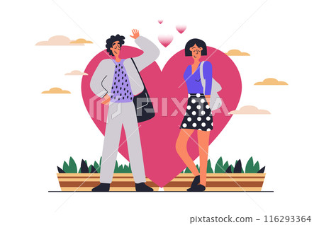 Couple at rendezvous web concept with people scene in flat design. Woman and man on romantic date with heart symbol flirting and having match. Vector illustration with character situation for web 116293364