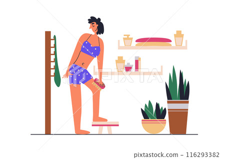 Drainage massage web concept with people scene in flat design. Woman doing body self massage with dry brush, peeling skin and doing home treatment. Vector illustration with character situation for web 116293382