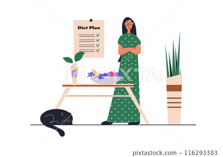 Diet plan web concept with people scene in flat design. Woman follows dieting, gets detox and controls calories, eats fresh and natural products. Vector illustration with character situation for web 116293383