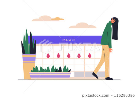 Critical days web concept with people scene in flat design. Woman takes care herself in her menstrual period, marks dates on calendar with drops. Vector illustration with character situation for web 116293386