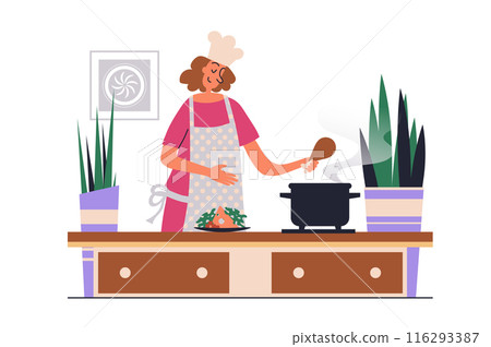 Cooking at home web concept with people scene in flat design. Woman in apron preparing homemade food in utensils according to recipes in kitchen. Vector illustration with character situation for web 116293387