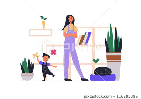 Childfree web concept with people scene in flat design. Childless woman making choose for single live with her cat and decline to having baby. Vector illustration with character situation for web Childfree web concept with people scene in flat design. Childless woman making choose for single live with her cat and decline to having baby. Vector illustration with character situation for web 116293389