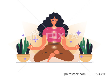 Chakras web concept with people scene in flat design. Woman sitting in lotus position, making meditation and opens energy points in her body. Vector illustration with character situation for web Chakras web concept with people scene in flat design. Woman sitting in lotus position, making meditation and opens energy points in her body. Vector illustration with character situation for web 116293391