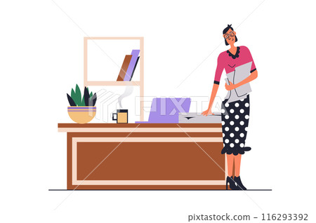 Business lady web concept with people scene in flat design. Woman entrepreneur working at her office with desk and laptop, doing company paperwork. Vector illustration with character situation for web 116293392