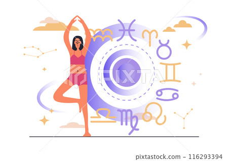Astrology web concept with people scene in flat design. Woman making spiritual mystery, works with zodiac signs, predicts fate and reads horoscope. Vector illustration with character situation for web 116293394