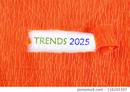 2025 business marketing trends and planning change concept. TRENDS 2025 on white under the paper 2025 business marketing trends and planning change concept. TRENDS 2025 on white under the paper 116293397