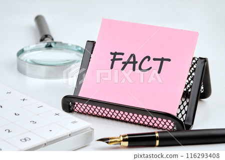 Business concept. FACT word on a pink sticker in a composition with business accessories 116293408