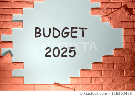 Conceptual budget 2025 symbol. Copy space. Budget 2025 words written on a white wall under a decorative brick 116293438