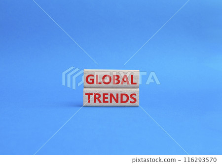 Global Trends symbol. Wooden blocks with words Global Trends. Beautiful blue background. Business and Global Trends concept. Copy space. 116293570