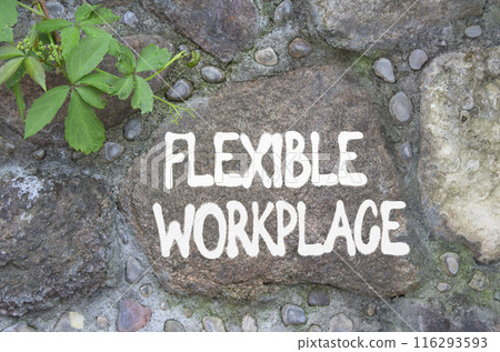 Flexible workplace symbol. Stone wall with words Flexible workplace. Beautiful stone background. Business and Flexible workplace concept. Copy space. Flexible workplace symbol. Stone wall with words Flexible workplace. Beautiful stone background. Business and Flexible workplace concept. Copy space. 116293593