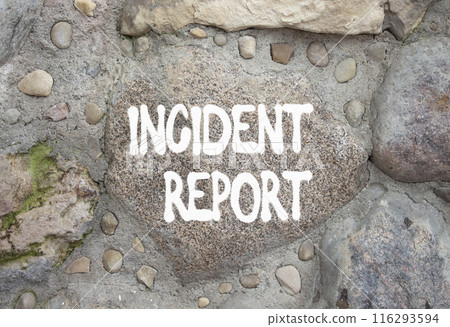 Incident Report symbol. Stone wall Incident Report on wooden blocks. Beautiful stone background. Business and Incident Report concept. Copy space 116293594