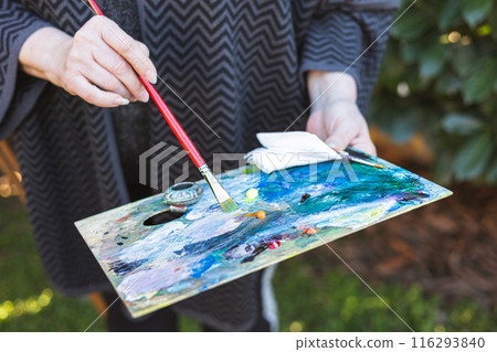 Close up of the palette and hands of an elderly woman artist painting a picture in outdoors. 116293840