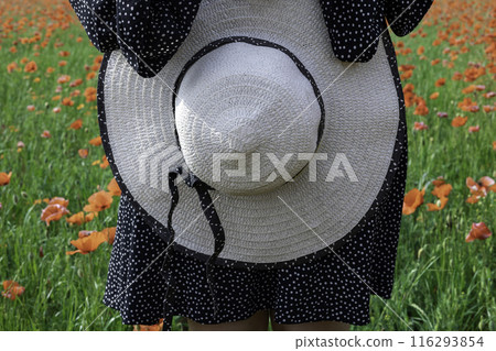 Close-up of female hands holding summer hat the background of field with poppies. Vacation concept 116293854