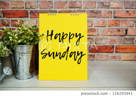 Hello Sunday text message and artificial plant in metal vase decoration on wooden background Hello Sunday text message and artificial plant in metal vase decoration on wooden background 116293941