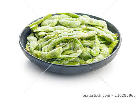 Green edamame pods. Fresh soybeans isolated on white background. Green edamame pods. Fresh soybeans isolated on white background. 116293963