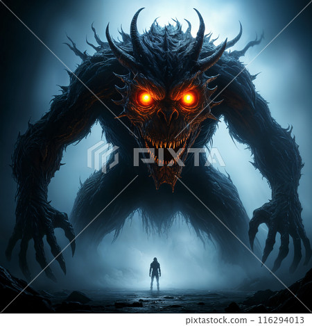 Man stands before a large, menacing creature. 116294013