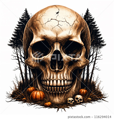 Skull with trees and pumpkins around it. 116294014