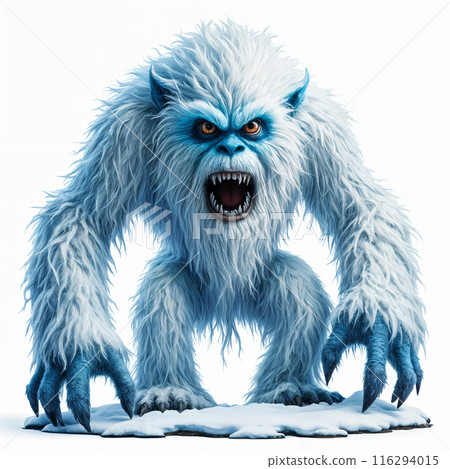Blue and white furry creature with sharp teeth. 116294015