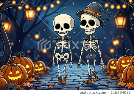 Two skeletons standing on a pathway. 116294022