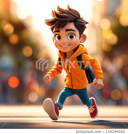 Cartoon boy running on a street. 116294392