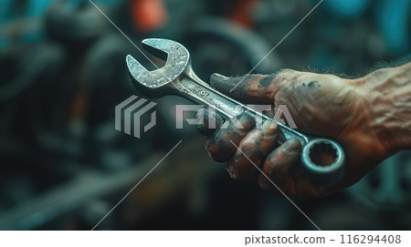 a wrench in the hand of a handyman fixing a car. close up 116294408