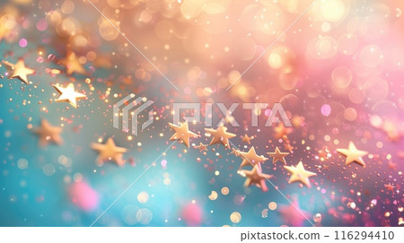 Abstract background. A radiant scene golden stars confetti swirling against a soft, pastel gradient. 116294410
