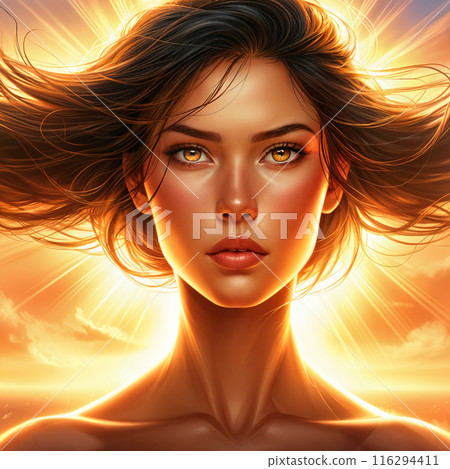 Woman with long hair and glowing eyes. 116294411