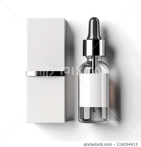 Beauty serum dropper bottle mockup white paper box, skincare product packaging on white background 116294413