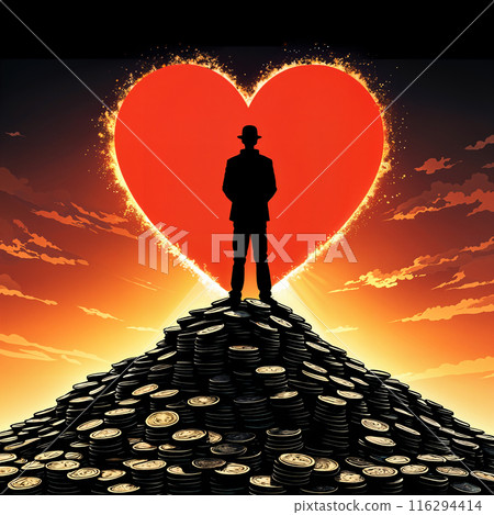 Man standing on pile of coins with heart behind him. Man standing on pile of coins with heart behind him. 116294414