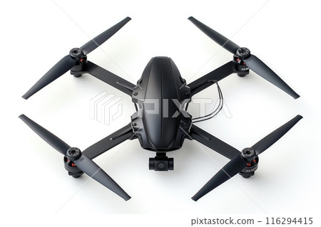 Top View of a Black Drone with Static Rotors on a White Background 116294415