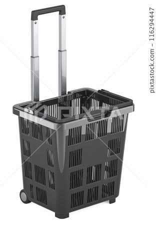 Black Plastic Rolling Shopping Basket with wheels and handle. Black Friday, concept. 3D rendering Black Plastic Rolling Shopping Basket with wheels and handle. Black Friday, concept. 3D rendering 116294447