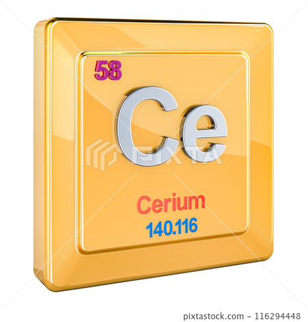 Cerium Ce, chemical element sign with number 58 in periodic table. 3D rendering 116294448