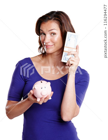 Portrait, woman and piggy bank with cash savings in studio for future investment, money and finance. Female person, profit and dollars for payment by white background for credit, security and budget Portrait, woman and piggy bank with cash savings in studio for future investment, money and finance. Female person, profit and dollars for payment by white background for credit, security and budget 116294477