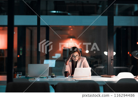 Night, stress or business woman thinking on laptop in office with headache, glitch or frustrated by 404. Working late, vertigo or manager with brain fog, fatigue or overwhelmed by project deadline 116294486