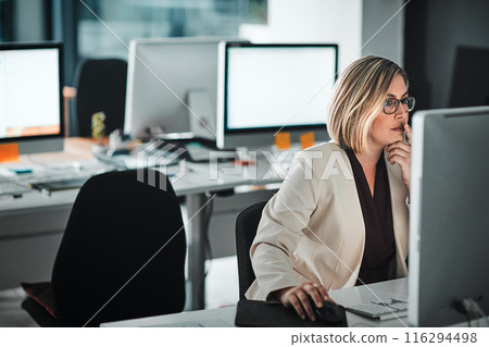 Computer, thinking and business woman planning, research or reading email in office. Idea, decision and internet for information, problem solving or financial consultant working on project solution 116294498
